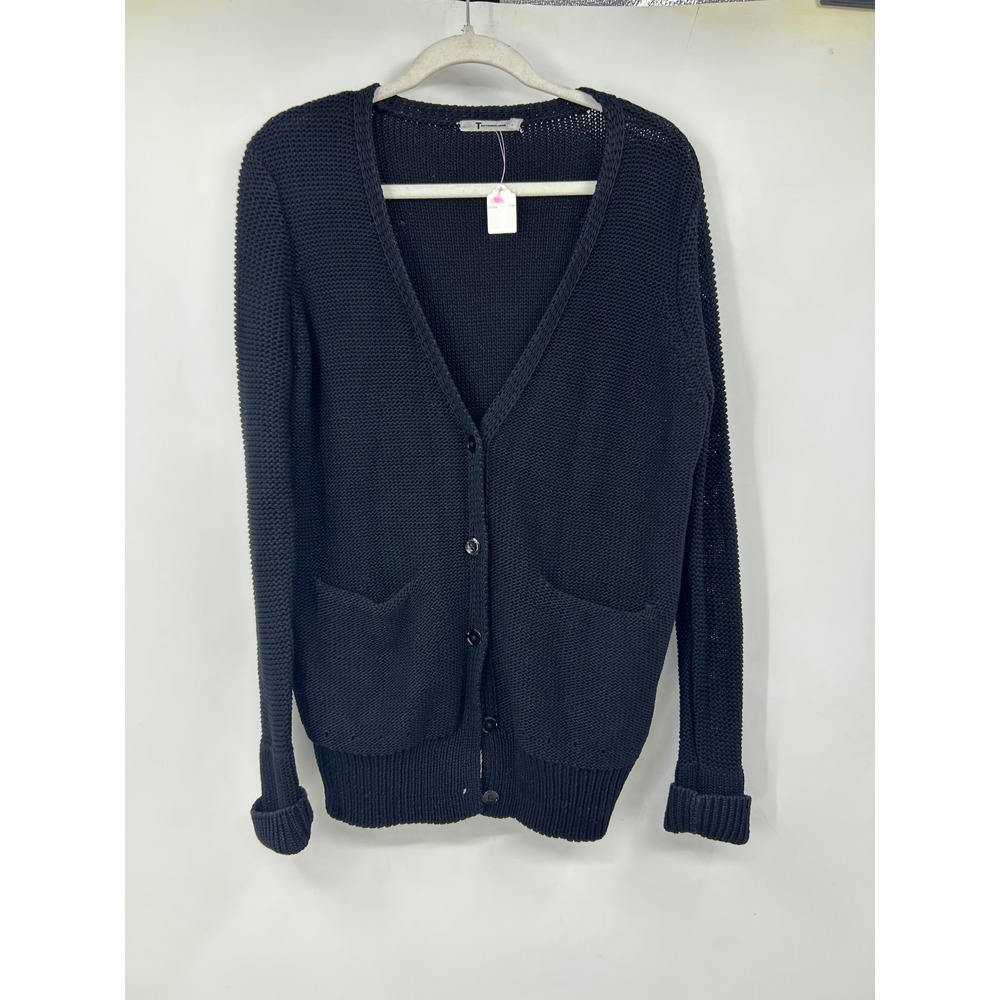 T by Alexander Wang Black Cotton Chunky Knit V-Neck Cardigan Sweater Small